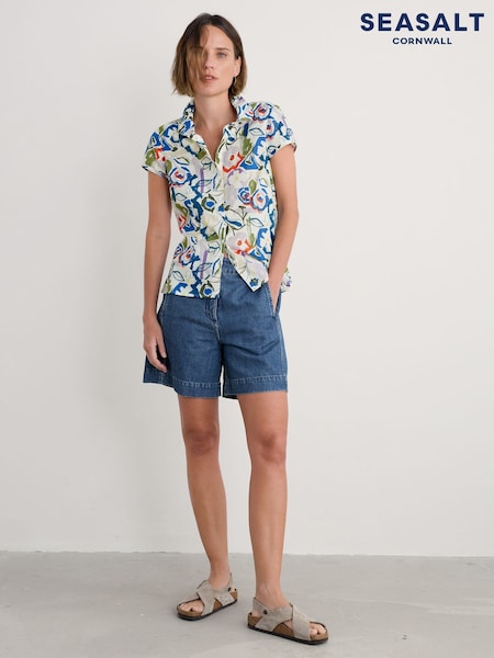 Seasalt Cornwall Blue Rushmaker Short Sleeve 100% Organic Cotton Shirt (H48877) | £46