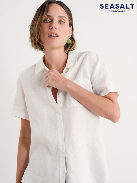 Seasalt Cornwall White Drydock Short Sleeve 100% Linen Shirt (H48879) | £63
