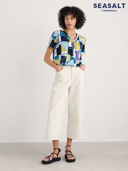Seasalt Cornwall Light Blue Barnoon Jersey Printed Short-Sleeve Blouses (H48881) | £40