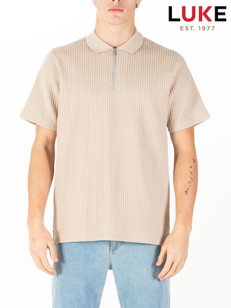 Luke 1977 Cream Waffle Zip Polo Shirt (H49001) | £55