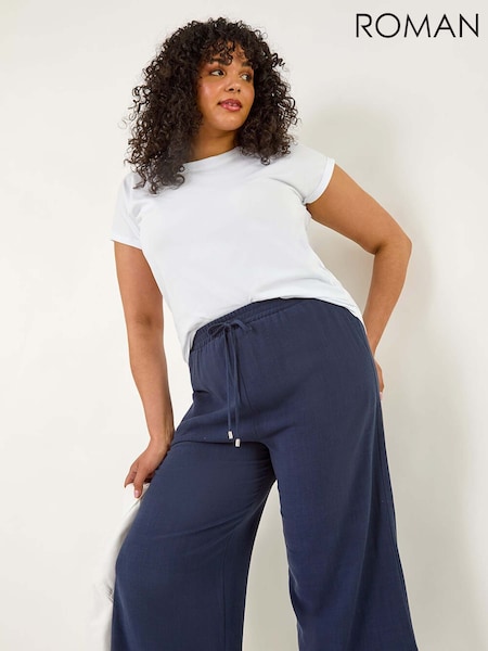 Roman Blue Curve Linen Mix Cropped Trousers (H49032) | £40