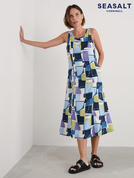 Seasalt Cornwall Blue Petite Sleeveless Grass Wave 100% Linen Dress (H49128) | £90