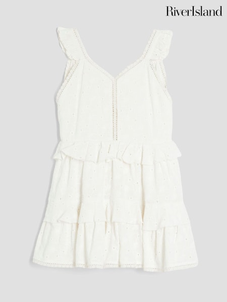 River Island Cream Girls Tiered Broderie Dress (H49142) | £22