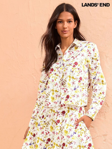 Lands' End White Cropped Ruffle 100% Cotton Shirt (H49229) | £55