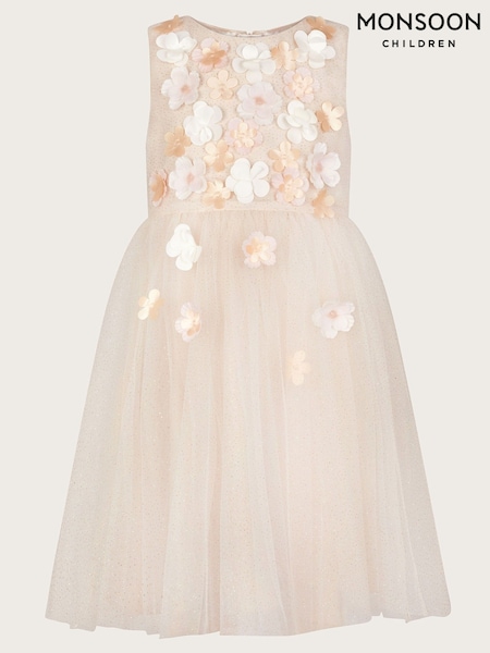 Monsoon Gold Darcie 3D Flower Glitter Tulle Dress (H49277) | £62 - £72