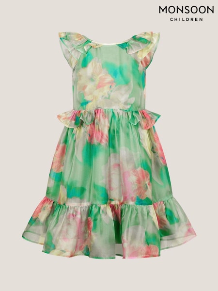 Monsoon Green Blurry Floral Organza Ruffle Dress (H49283) | £50 - £60