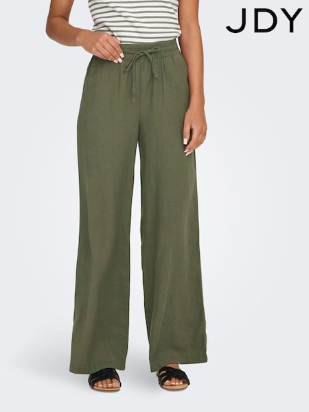 JDY Green Linen Mix Wide Leg Tie Waist Trousers (H49536) | £34