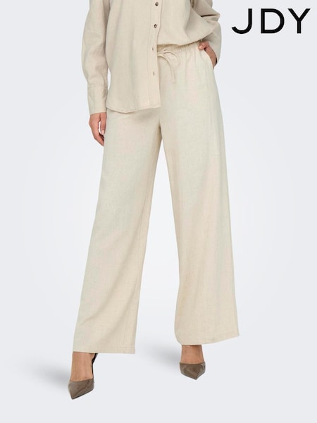JDY Natural Linen Mix Wide Leg Tie Waist Trousers (H49537) | £34