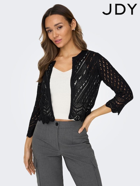 JDY Black 3/4 Sleeve Crochet Cardigan (H49551) | £25