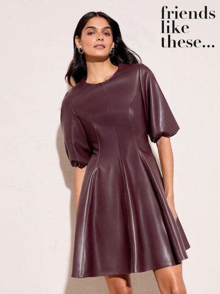 Friends Like These Berry Red Fuax Leather Puff Sleeve Mini Dress (H49669) | £46