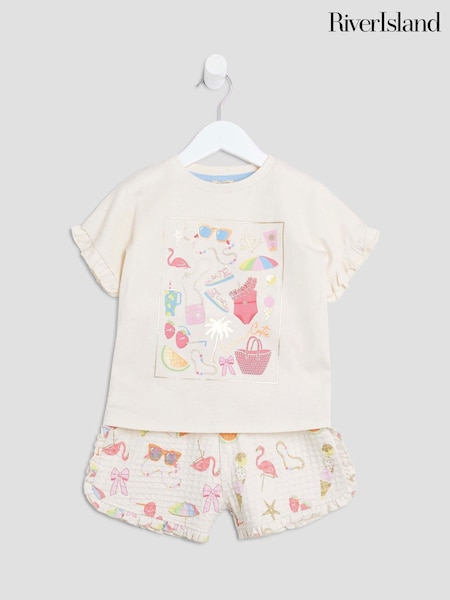 River Island Cream Girls Sunglass 100% Cotton T-Shirt Runner Set (H49683) | £16