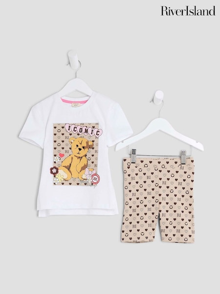River Island White Girls Bear Monogram T-Shirt Set (H49690) | £14