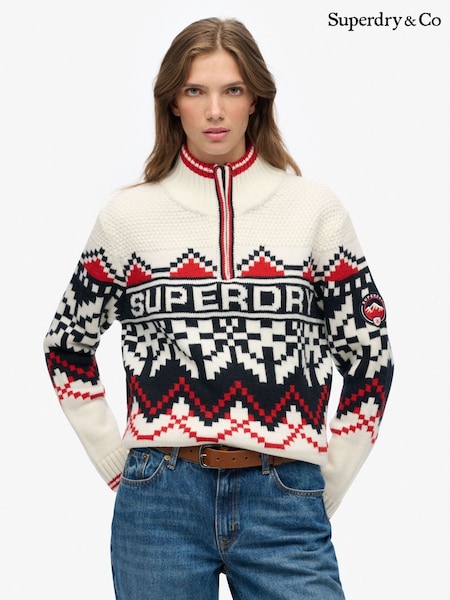Superdry Cream Intarsia Half Zip Jumper (H49756) | £75