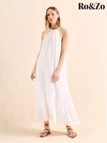 Ro&Zo White Petite Broderie Hem Cheesecloth 100% Cotton Midi Dress (H49874) | £119