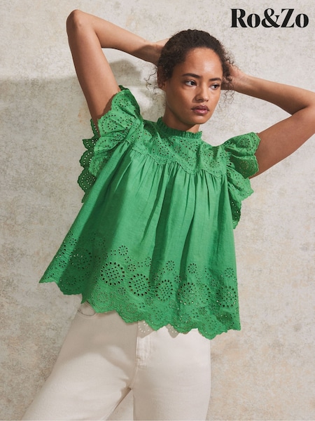 Ro&Zo Green Broderie Flutter Sleeve 100% Cotton Top (H49880) | £79