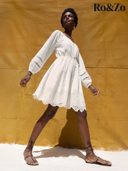 Ro&Zo White Mix Broderie Smock 100% Cotton Dress (H49882) | £119