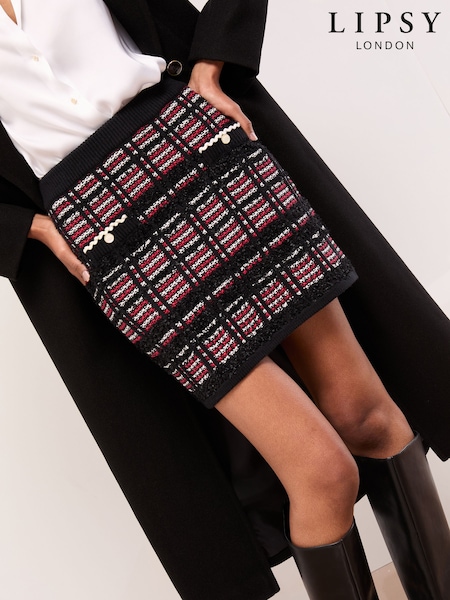 Lipsy Black/Red Checked Boucle Trim Detail Knitted Mini Skirt (H49953) | £39