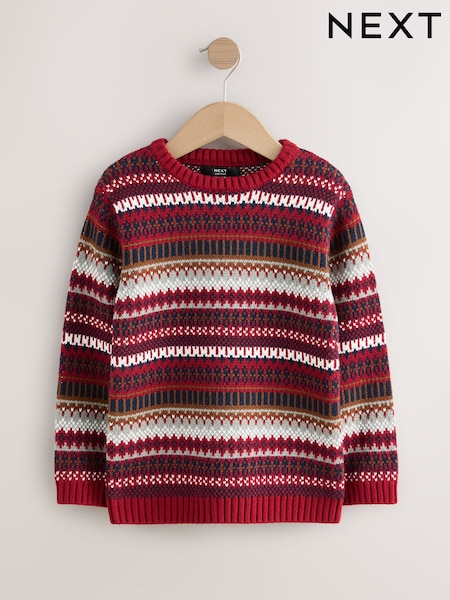 Burgundy Red Fairisle Pattern Knitted Crew Neck Jumper (3-16yrs) (H49966) | £18 - £23
