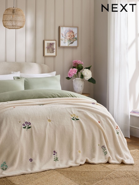 Natural Embroidered Spring Floral Throw (H50035) | £38 - £52