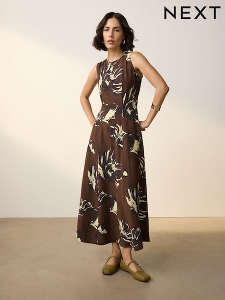 Brown Floral Sleeveless Column A-Line Maxi Dress (H50054) | £52