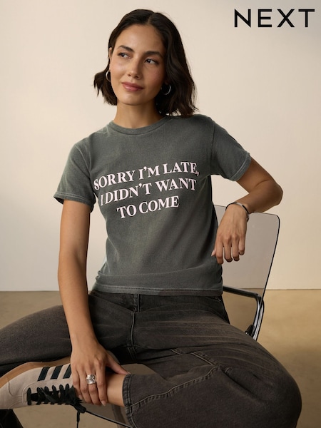 Charcoal Grey Slimmer Fit Fun Slogan Graphic Print Short Sleeve Crew Neck T-Shirt (H50066) | £24