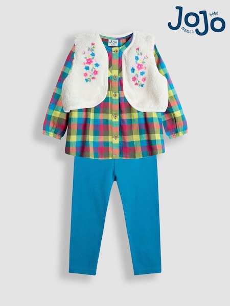 JoJo Maman Bébé Green Check Blouse, Leggings & Borg Gilet Set (H50069) | £36 - £42