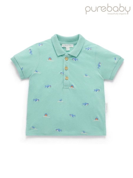 Purebaby Green 100% Cotton Shark Print Polo Shirt (H50131) | £20