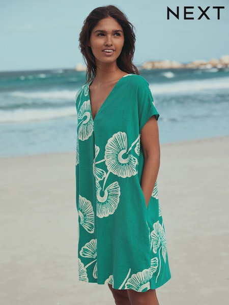 Green Floral Mini Short Sleeve V-Neck Kaftan Dress with Linen (H50275) | £31
