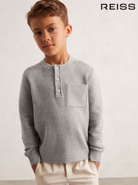 Reiss Mid Grey Melange Harrison 9-13 yrs Cotton-Blend Rib-Knit Henley Top (H50341) | £42