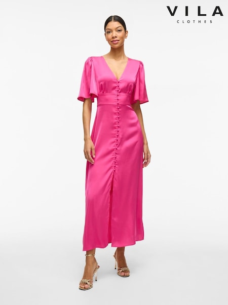 VILA Pink V-Neck Satin Maxi Dress (H50429) | £64