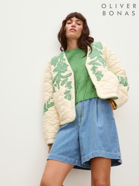 Oliver Bonas White Floral Print Applique Tie Front Quilted Jacket (H50488) | £115
