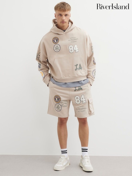 River Island Natural Americana Badge Cargo 100% Cotton Shorts (H50516) | £38