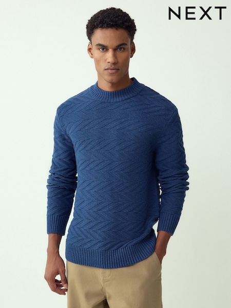 Mid Blue Regular Fit Cotton Rich Chevron Cable Crew Neck Jumper (H50666) | £36