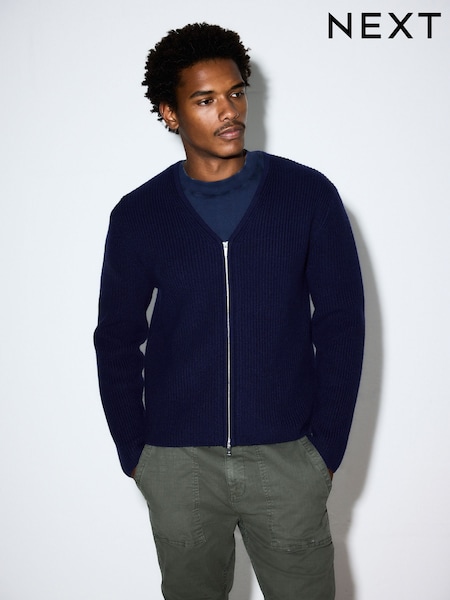 Navy Blue Relaxed Fit Ribbed Zip Through Cardigan with Wool (H50675) | £59