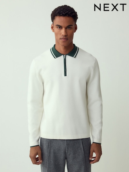 Ecru White/Green Zip Neck Regular Fit Premium Mid Weight Long Sleeve Knit Polo Shirt (H50676) | £42