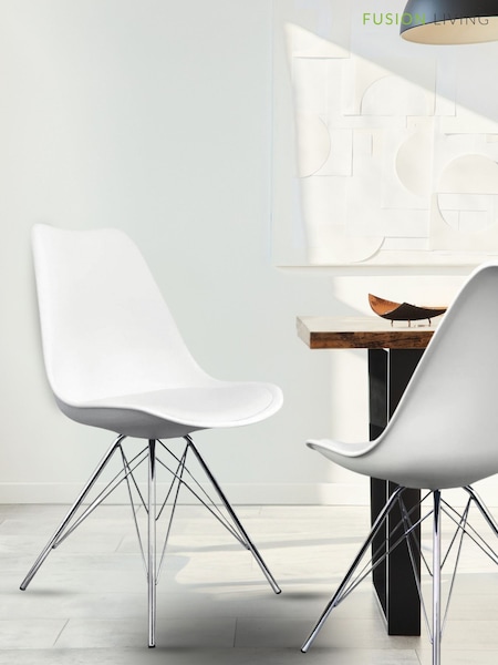 Fusion Living White Soho Plastic Dining Chairs Chrome Leg Set of 2 (H50680) | £138