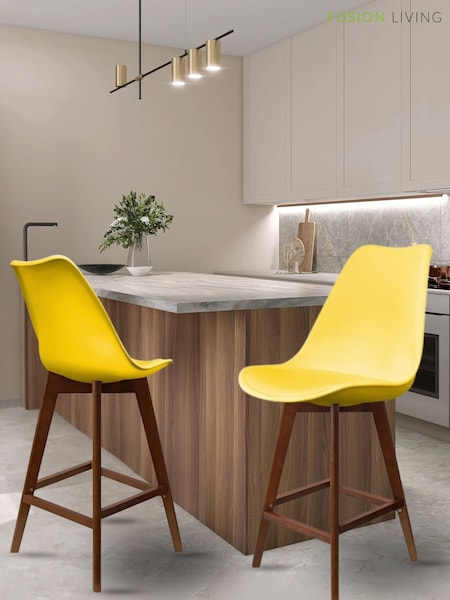 Fusion Living Yellow Soho Plastic Bar Stool with Dark Wood Legs (H50750) | £194