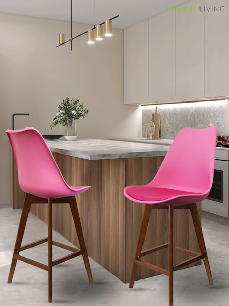 Fusion Living Bright Pink Soho Plastic Bar Stool with Dark Wood Legs (H50758) | £194
