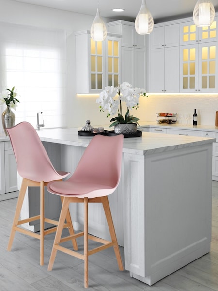 Fusion Living Blush Pink Soho Plastic Bar Stool with Dark Wood Legs (H50777) | £194