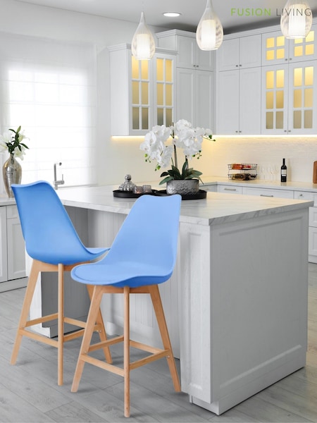 Fusion Living Blue Soho Plastic Bar Stool with Dark Wood Legs (H50784) | £194