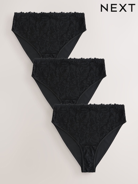 Black High Waist High Leg Lace Front NVPL Knickers 3 Pack (H51124) | £24
