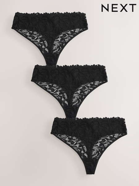 Black High Waisted Thong Lace Front NVPL Knickers 3 Pack (H51125) | £22