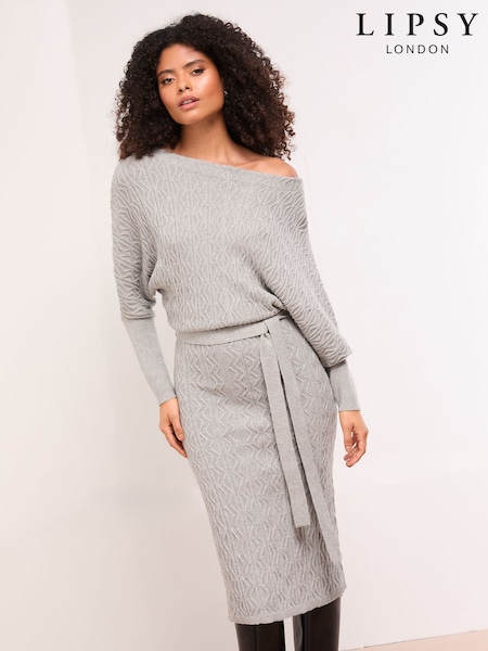 Lipsy Grey Slash Neck Belted Blouson Cable Knitted Midi Dress (H51187) | £58
