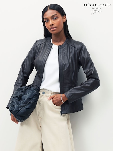 Urban Code Brown Collarless Leather Jacket (H51193) | £149
