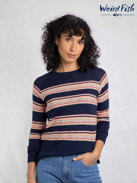 Weird Fish Blue 100% Organic Cotton Reka Lightweight Striped Crew Neck Jumper (H51233) | £45