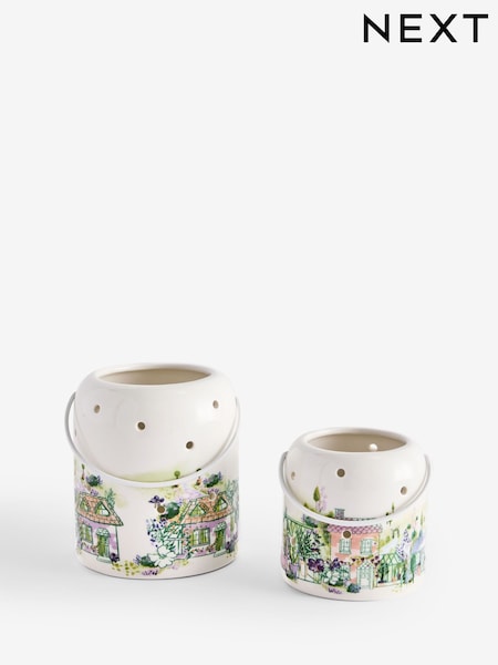 Set of 2 Multicolour House Scene Ceramic Tea Light Holders (H51257) | £0