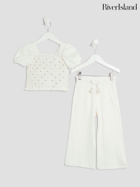 River Island White Girls Sequin Top and Trousers Set (H51263) | £24