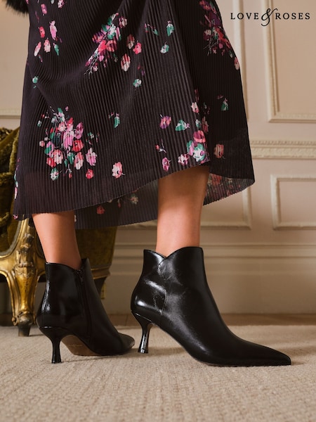 Love & Roses Black Faux Leather Kitten Heel Point Toe Smart Ankle Boots (H51275) | £49