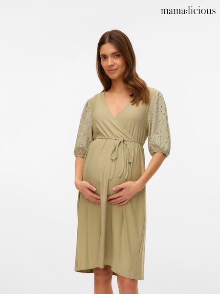 Mamalicious Green Maternity Broderie Sleeve Dress With Nursing Function (H51405) | £42