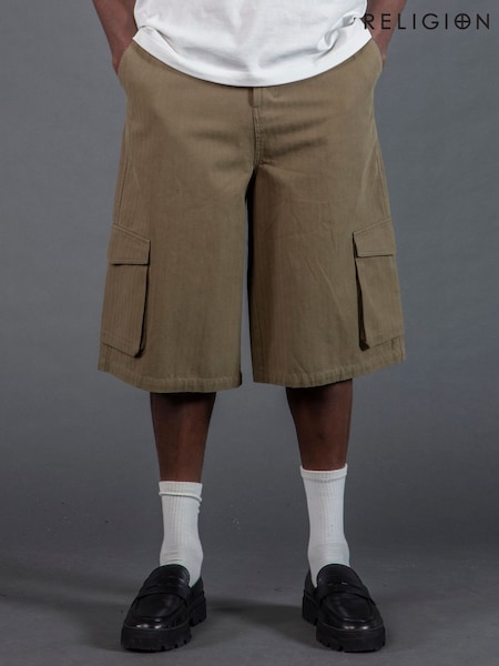 Religion Green Cargo Jort Herringbone 100% Cotton Shorts (H51407) | £70